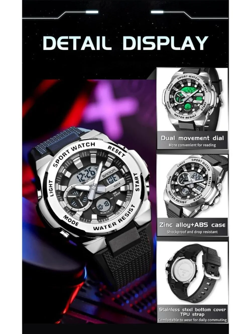 Men's Black White Analog Quartz Electronic Military Multifunction Digital Watch